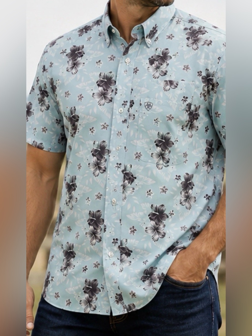 Ariat Stretch Men’s Aqua Blue Hawaiian Floral short sleeve Shirt S.western